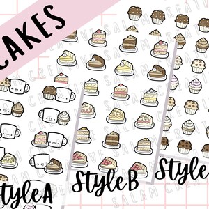 Folha de adesivos para bolos - personagens de canecas, bolo, torta, muffin, cupcake - adesivos com tema de comida, ideais para hobonichi e diário