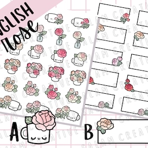 Foglio di adesivi ROSA INGLESE - 2 design, simpatico personaggio da tazza o mezze scatole, ideale per la tua agenda e diario floreale primaverile