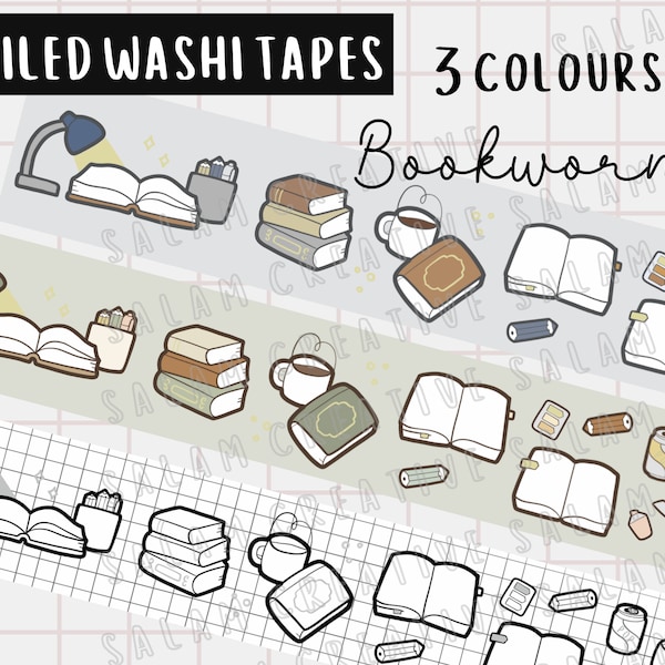 Washi tape BOOKWORM foiled 20mm- doodle design in 3 muted colourways with a touch of bling -  ideal for your journals and planner