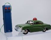 Vintage, Tin Green Car Police Battery Operated Marx Linemar Made in Japan, with Siren, Original Box