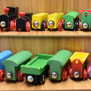 BRIO Lot 12x Sweden Vintage Wooden Magnetic Trains 8 Pieces Thomas Train Table Tipping Wagon Engine Caboose Tender Vintage Wooden Trains