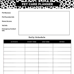 Pet Care Planner Printable and Form (Black and White)