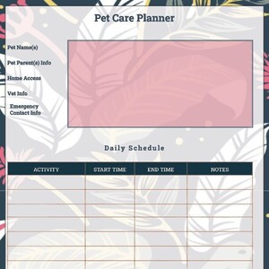 Pet Care Planner Printable and Form (Tropical)