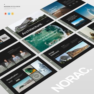Puede incluir: Una plantilla de presentación de pitch deck moderna con múltiples diseños de diapositivas en un esquema de color blanco y negro. Las diapositivas muestran fotografía arquitectónica, olas del mar, paisajes desérticos y texto.