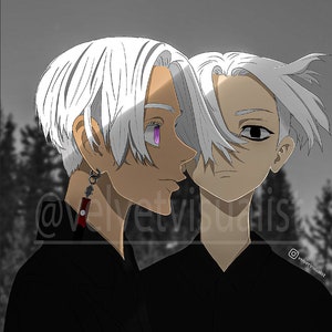 May include: Two anime characters with white hair, one with purple eyes, looking at each other. The character on the left is wearing a black shirt and a silver earring with a red charm. The character on the right is wearing a black shirt. The background is a gray gradient with trees in the distance.