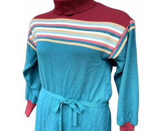 Vtg 70s Castleberry Knit Wool Dress Turtleneck Striped Size M / L Long Sleeve