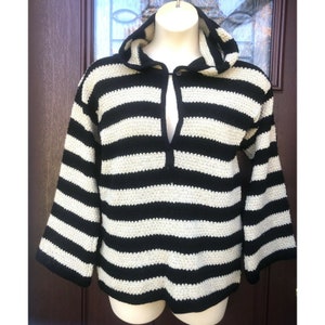 Vtg 70s Liz Claiborne Womens Hoodie Sweater Wool Cream BLACK Stripe Bell Sleeves