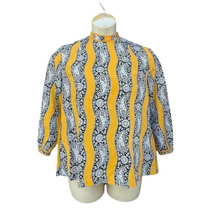 60s 70s Women Vtg Blouse Shirt Black Gold Paisley Stripe Chas Lewis Lord Taylor