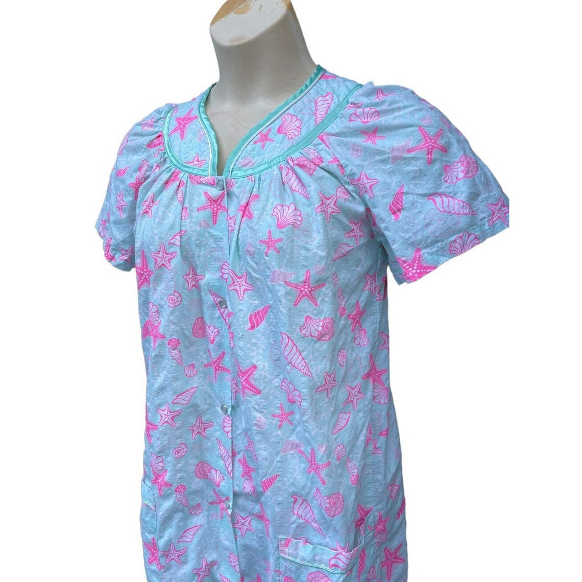 Vtg Beach House Dress Robe Gown Tiki Kaftan Seashells Starfish Pink ...