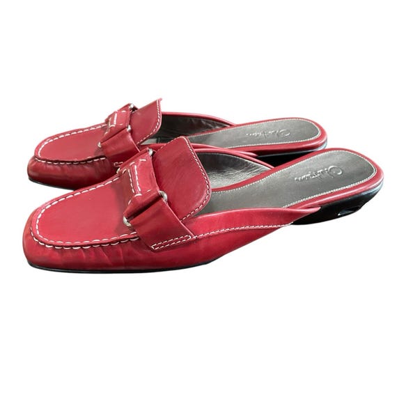 Vtg Cole Haan Comfort Red Lacquer Leather Mules Loafers 9B  display picture 3