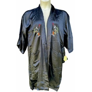Neu mit Etikett Deadstock Vtg GOLDEN DRAGON Schwarzer Seiden Kimono Robe Hand Bestickt M Asiatisch