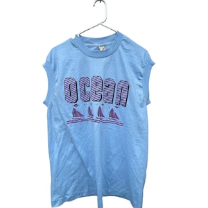 Vtg Ocean City T-Shirt L Screen Stars USA 90s Sleeveless Single Stitch Sailboats