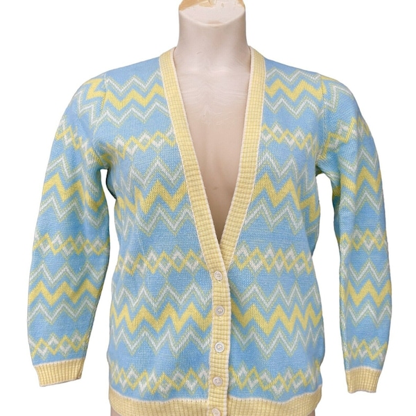 Vtg Wintuk 60s 70s Aqua Blue Yellow Chevron Cardigan Sweater Orlon Made USA L XL