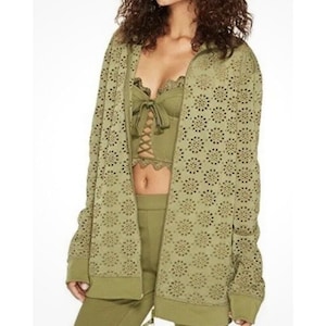 PUMA® Fenty Zip-Up Embroidered Edge Jacket Olive Green Eyelet Lace Tunic Top Jacket