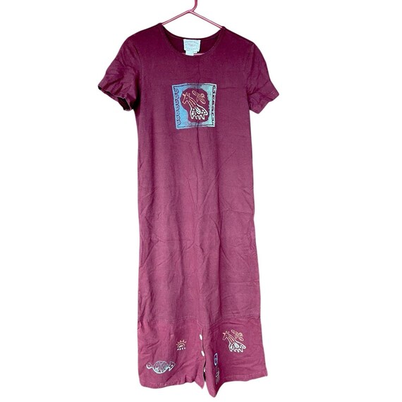 Vtg Country Casuals Maxi Shift Dress S Giraffe Turtle Art Print Boho Cotton Wine