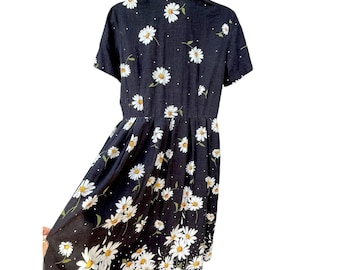 Vtg 70s Daisy Dress Black MIDI Bedford Fair Cottage Core Twee Girl Cotton Floral