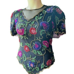 Vtg Sequin Silk Cocktail Top Blouse Laurence Kazar Fuschia Black Floral Beaded M