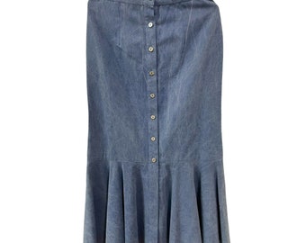Vtg Lilia Smitty Western Cowgirl Denim Maxi Skirt Ruffle Attitude Country Size L