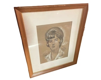 Vtg 1960s MCM Portrait Woman Charcoal Drawing Pencil Pastel Framed Debutante Tio