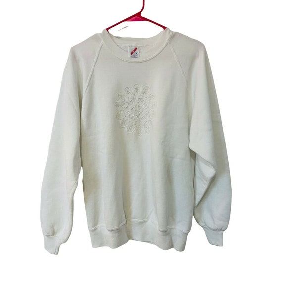 Vtg White Lace 90s 80s Cute Granny Sweatshirt Cot… - image 1