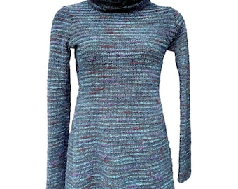 Kathy Kemp ANNA NYC Boutique Cowl Neck Knit Tunic Mini Dress Teal Navy Purple M