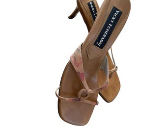 Y2K Whimsygoth Feminine Luxury Tcherassi Leather Sandals Size 39 Watercolor Straps Sculptural Heel 9