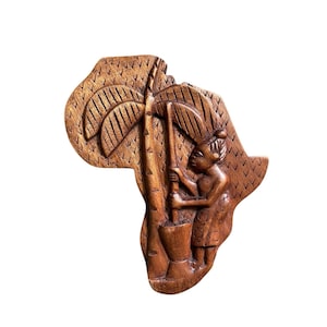 Liberia Hand geschnitzte Holz West Afrika Landkarte Tribal Wand Kunst Frau Mörser Stößel Vtg