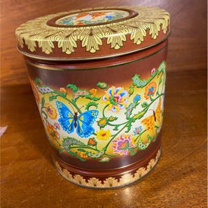 Vintage Floral & Butterfly Patterned Metal Tin Storage Container