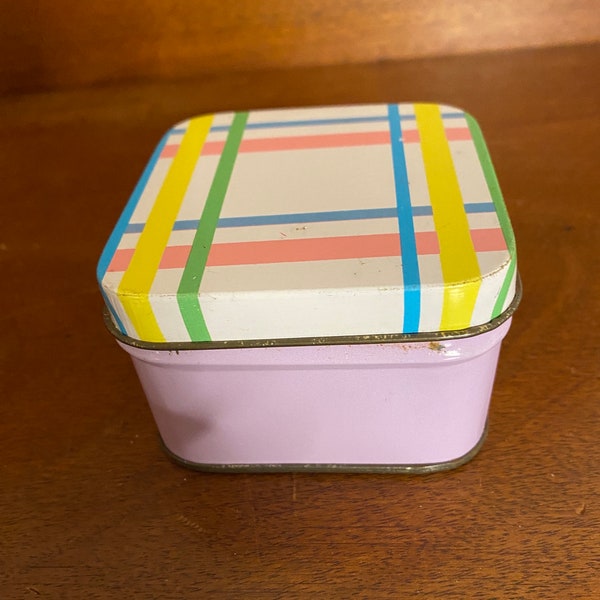 Small vintage tin | pink plaid tin | lavender | old canister | recycled tin | decorative tin container box 2” tall x 2.5” wide