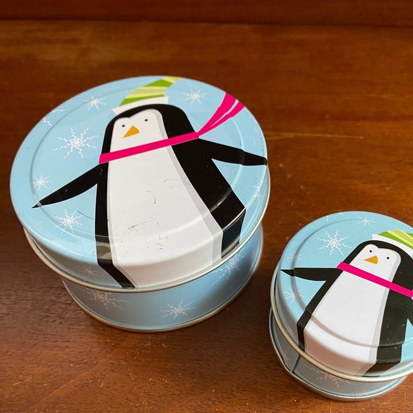 Set of penguin tins | 1 1/2” & 2 3/4” | decorative tin | old canister | recycled tin | decorative tin container box