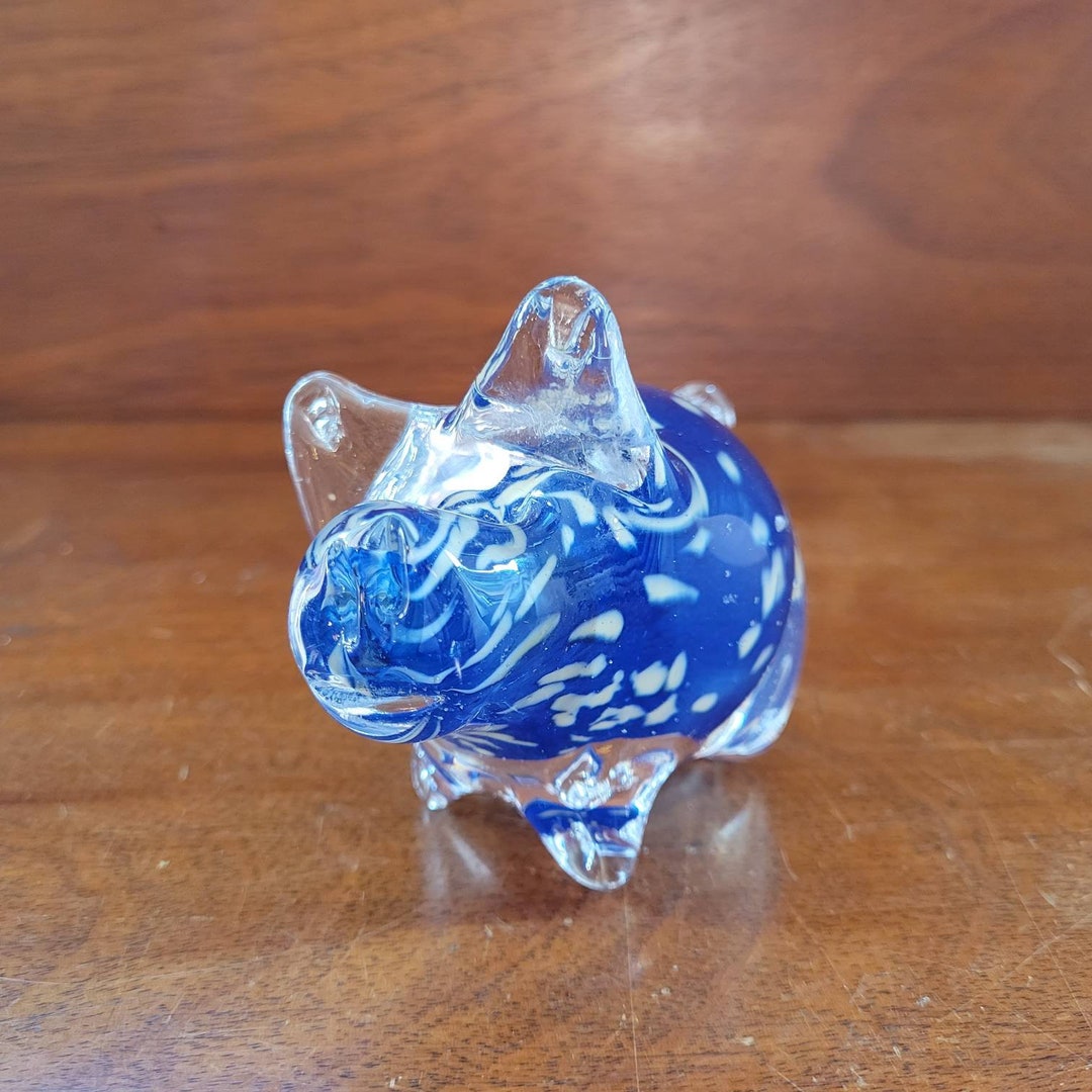 Vintage Paperweight Glass Pig Blue White Clear Statue Decoration Animal Cute Figure Farm Animal