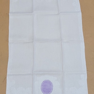Vintage linen tea towel | modern kitchen towel | purple circle | white | fine linen | retro kitchen table | purple and white retro kitchen