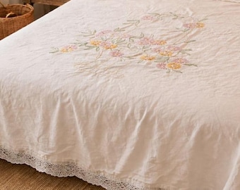Hand stitched embroidered bed coverlet and pillow cover vintage bedspread 88 x 80