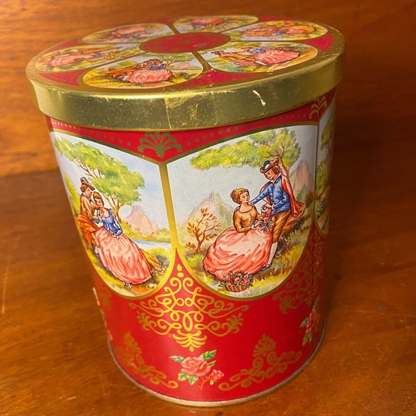 Vintage Red Tin with Romantic Scenes | 5 1/2" tall tin | decorative tin | old canister | recycled tin | decorative tin container box