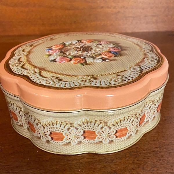 Vintage Avon Tin with Romantic flowers | 2” tall tin 5” wide | decorative tin | old canister | recycled tin | decorative tin container box