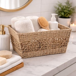 Handwoven Rectangular Seagrass Basket With Open Weave Design & Handles - Natural Storage Solution