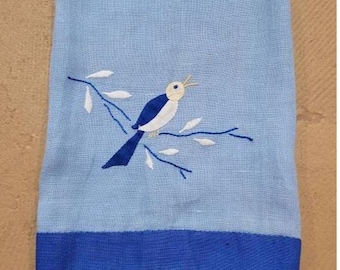 Vintage Light Blue Linen Embroidered Tea Towel With Bird & Branch Design