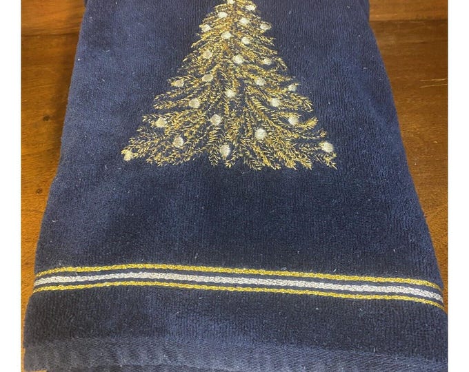 Santens Navy Blue Christmas Holiday Bath Towel Gold Tree Embroidered - Etsy
