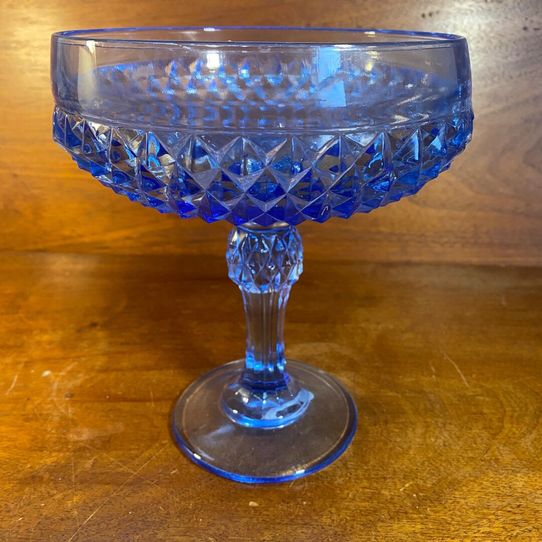 Vintage Blue Glass Coupe Goblet: Diamond Pattern Stemware (6.5