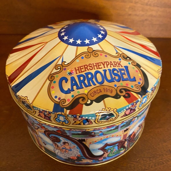 Vintage Hershey Tin with carousel  | 4.5” tall tin 5” wide | decorative tin | old canister | recycled tin | decorative tin container