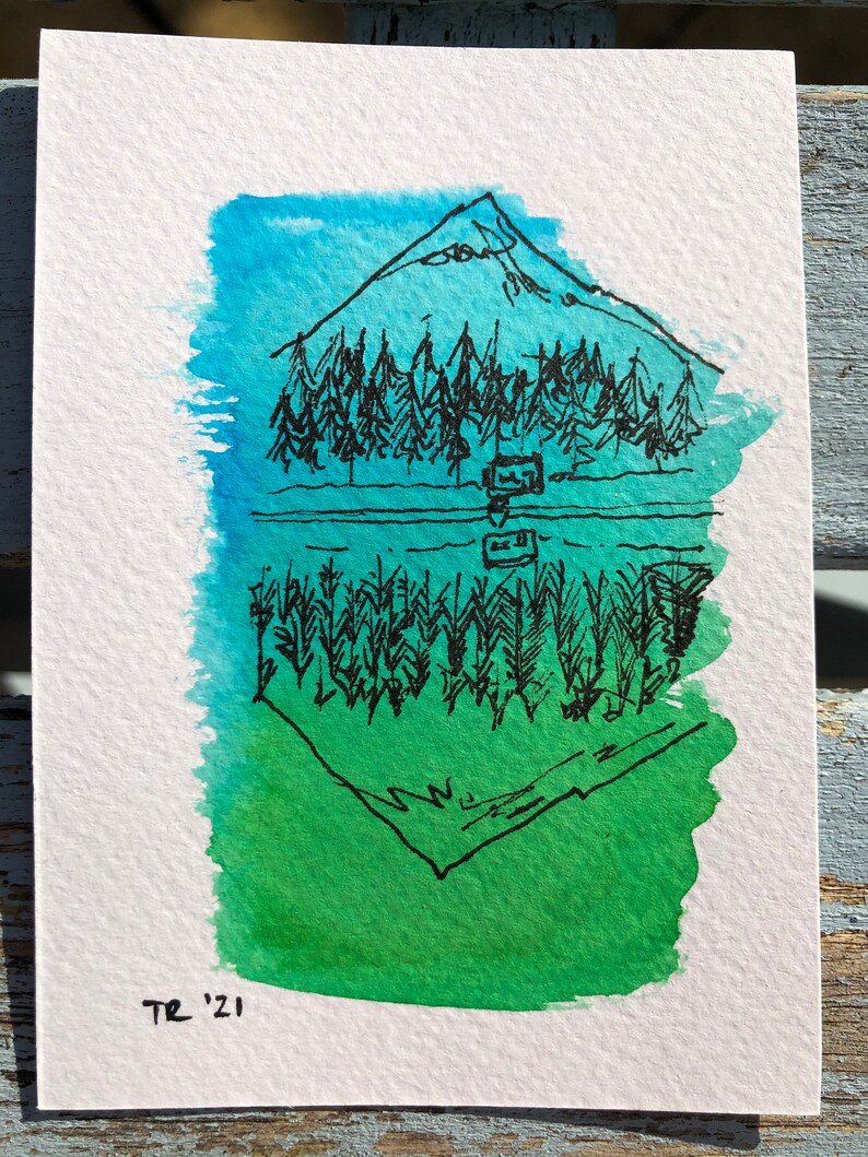 A7 WoodforTrees original watercolour illustration Mountain Reflection