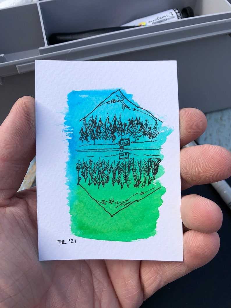 A7 WoodforTrees original watercolour illustration Mountain Reflection