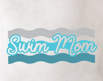 May include: A white tote bag with the words "Swim Mom" in a blue, wavy design. The text is layered over three horizontal wavy lines in shades of blue and gray. The bag has two handles.