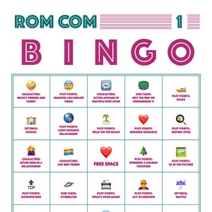 Puede incluir: Una tarjeta de bingo rosa y turquesa con el título "Rom Com Bingo" y 12 formas de ganar en cada tarjeta. La tarjeta presenta varios tropos y clichés de películas románticas, como "amigos y familia extravagantes", "relación a distancia", "mejor amigo gay", "pies fríos/segundos pensamientos" y "patito feo".