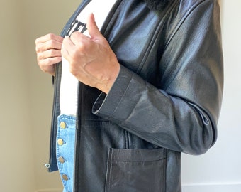 Vintage Black Leather Bomber Jacket, Faux Fur Collar, Women's, medium