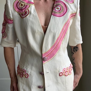 Nicole Ferre Ivory And Pink Vintage Short Slerve 80s Blazer, Womens Medium
