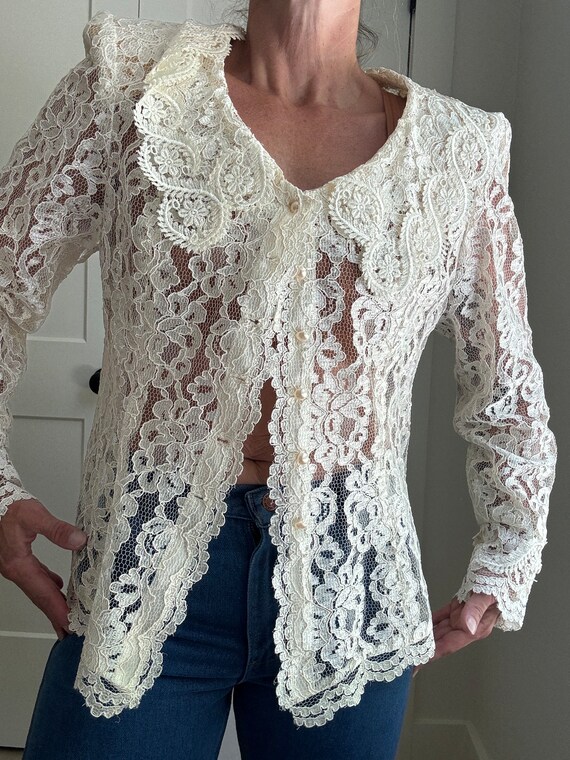 Buy Vintage Cream Lace Top, Sheer, Blouse, Women, Fashion, 90s 