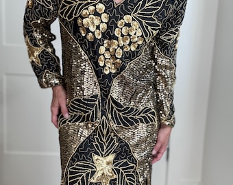 Gold Black Vintage Beaded Dress, womens dresses, party, holiday
