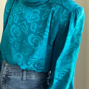 80s Vintage Turquoise Top, Womens, large, long sleeve, silk