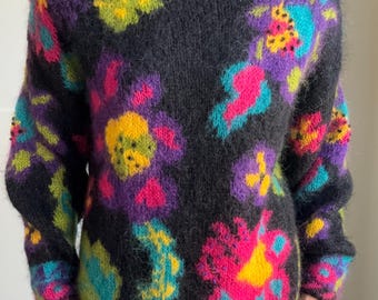 90s Mohair Floral Black Long Sleeve Rosanna Hand Knitted Sweater, small, womens